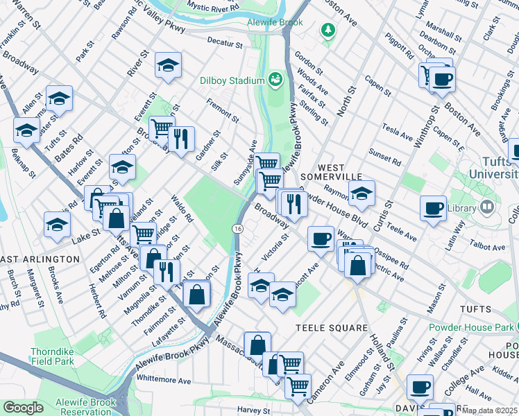 map of restaurants, bars, coffee shops, grocery stores, and more near 1366 Broadway in Somerville