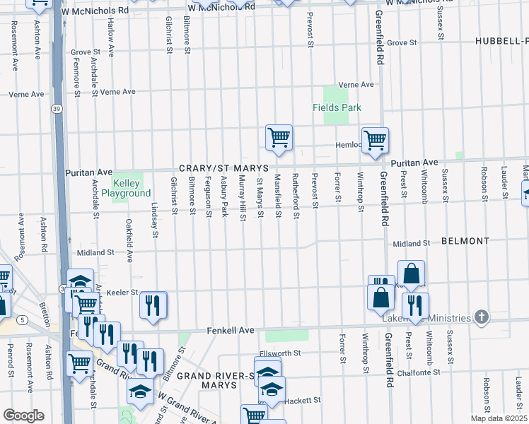 map of restaurants, bars, coffee shops, grocery stores, and more near 15790 Saint Marys Street in Detroit