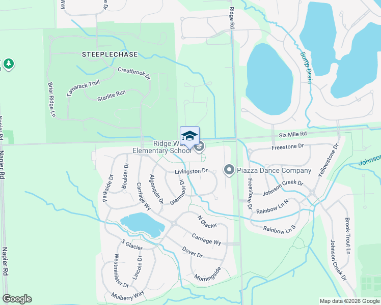 map of restaurants, bars, coffee shops, grocery stores, and more near 49775 Six Mile Road in Northville