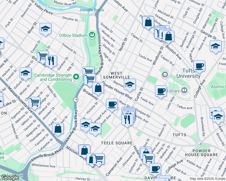 map of restaurants, bars, coffee shops, grocery stores, and more near 210 Powder House Boulevard in Somerville