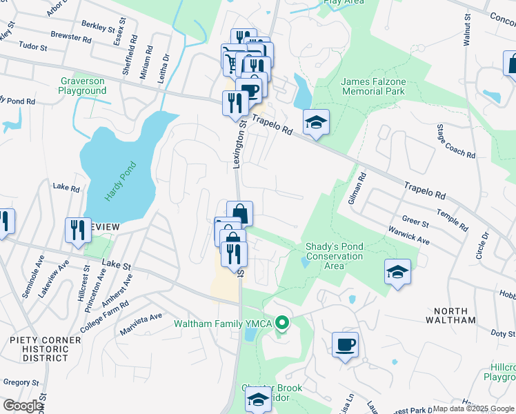 map of restaurants, bars, coffee shops, grocery stores, and more near 12 Jacqueline Road in Waltham
