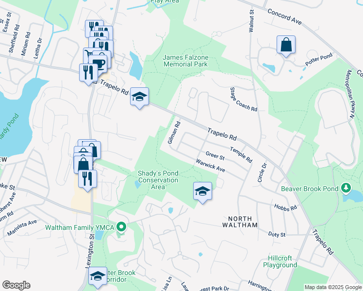 map of restaurants, bars, coffee shops, grocery stores, and more near 9 Greer Street in Waltham