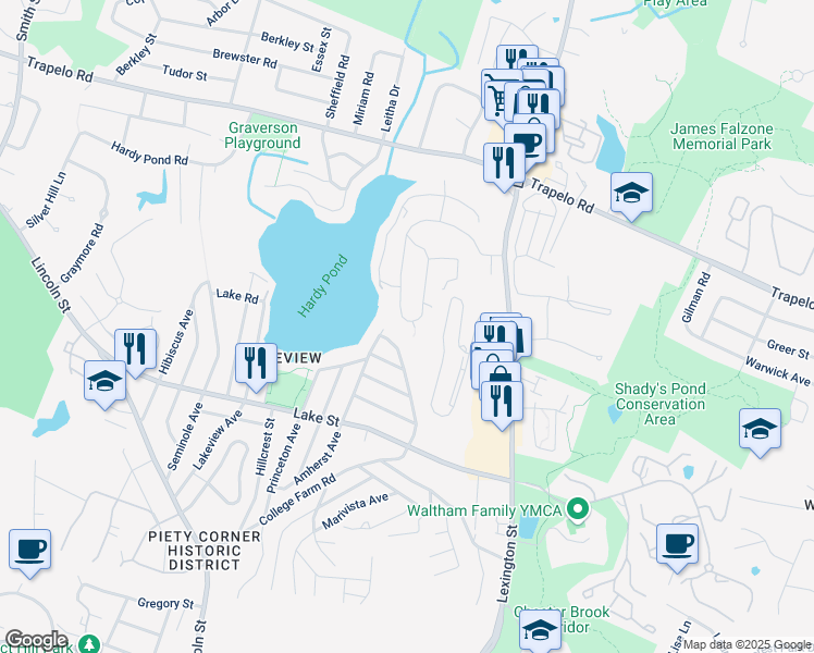 map of restaurants, bars, coffee shops, grocery stores, and more near 6112 Stearns Hill Rd in Waltham