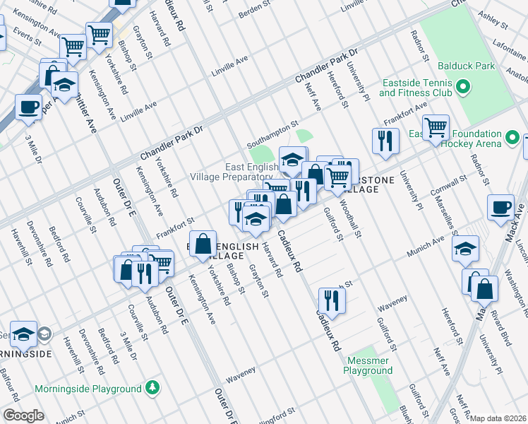 map of restaurants, bars, coffee shops, grocery stores, and more near 5037 Cadieux Road in Detroit