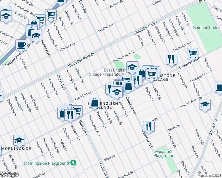 map of restaurants, bars, coffee shops, grocery stores, and more near 5067 Harvard Road in Detroit