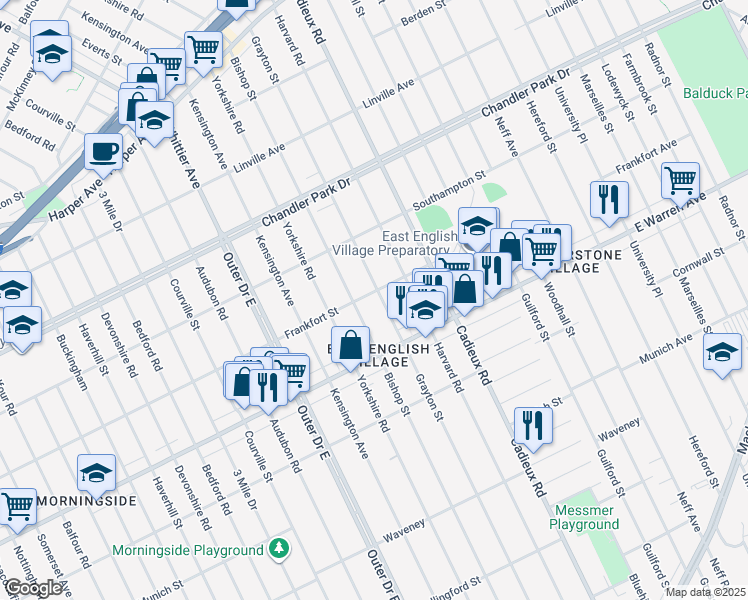 map of restaurants, bars, coffee shops, grocery stores, and more near 5105 Grayton Street in Detroit