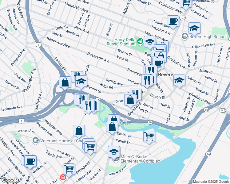 map of restaurants, bars, coffee shops, grocery stores, and more near 121 Fenno Street in Revere