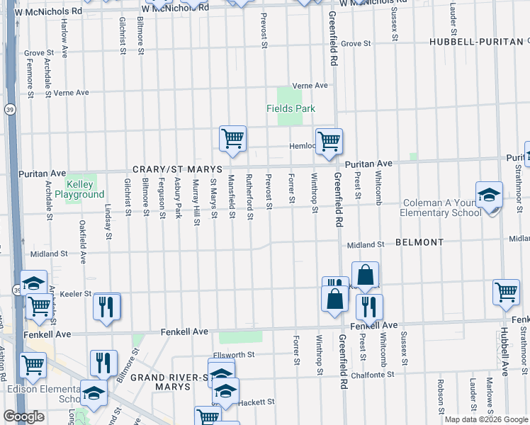map of restaurants, bars, coffee shops, grocery stores, and more near 15765 Prevost Street in Detroit