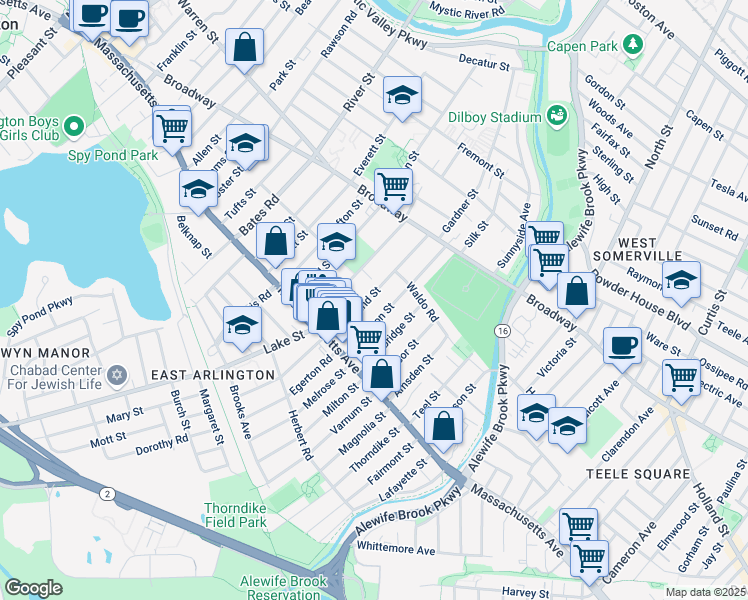 map of restaurants, bars, coffee shops, grocery stores, and more near 28 Cleveland Street in Arlington