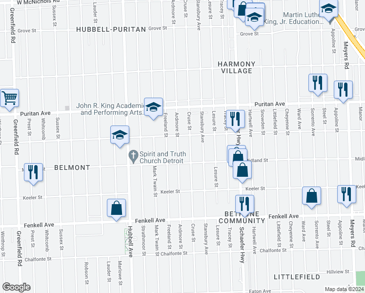 map of restaurants, bars, coffee shops, grocery stores, and more near 15758 Ardmore Street in Detroit