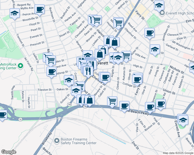 map of restaurants, bars, coffee shops, grocery stores, and more near 15 Chelsea Street in Everett