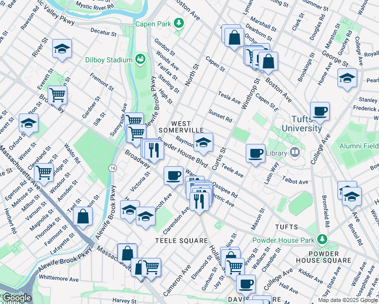 map of restaurants, bars, coffee shops, grocery stores, and more near 210 Powder House Boulevard in Somerville