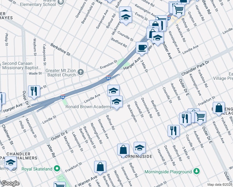 map of restaurants, bars, coffee shops, grocery stores, and more near 5768 Berkshire Street in Detroit