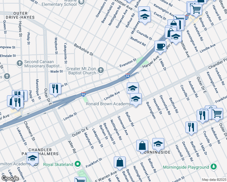map of restaurants, bars, coffee shops, grocery stores, and more near 5919 Balfour Road in Detroit