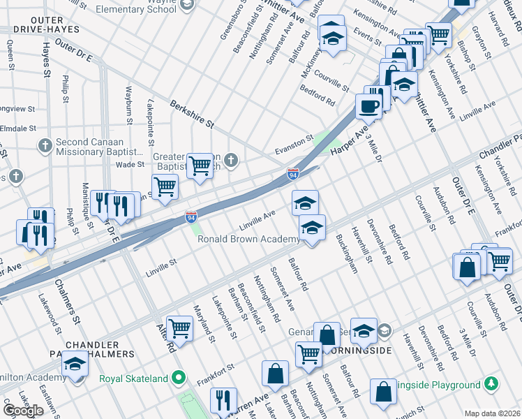 map of restaurants, bars, coffee shops, grocery stores, and more near 5913 Balfour Road in Detroit