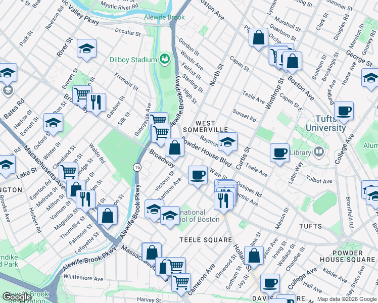 map of restaurants, bars, coffee shops, grocery stores, and more near 20 Hamilton Road in Somerville