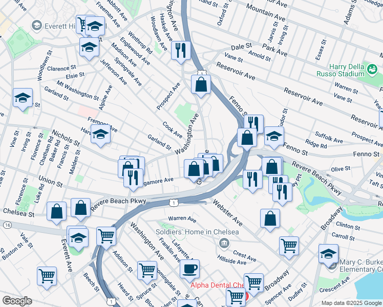 map of restaurants, bars, coffee shops, grocery stores, and more near 42 Jones Avenue in Chelsea