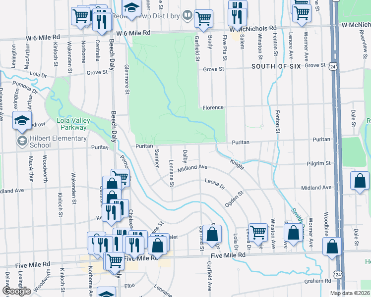 map of restaurants, bars, coffee shops, grocery stores, and more near 15973 Dalby in Redford Charter Township