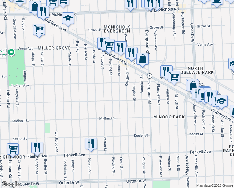 map of restaurants, bars, coffee shops, grocery stores, and more near 15843 Stout Street in Detroit