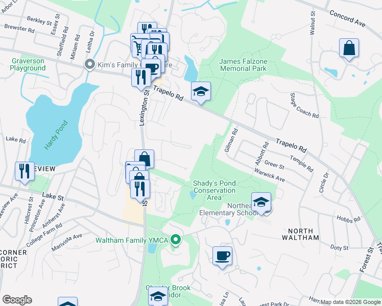 map of restaurants, bars, coffee shops, grocery stores, and more near 56 Jacqueline Road in Waltham