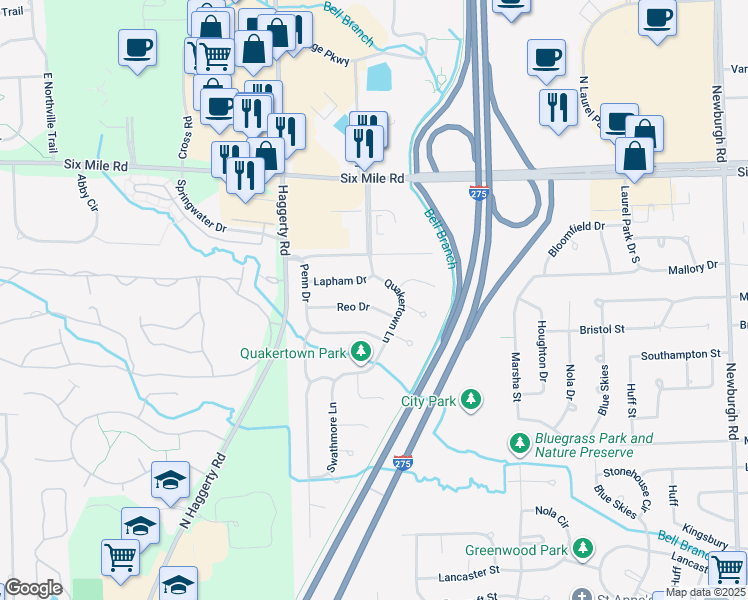 map of restaurants, bars, coffee shops, grocery stores, and more near 38920 Reo Drive in Livonia