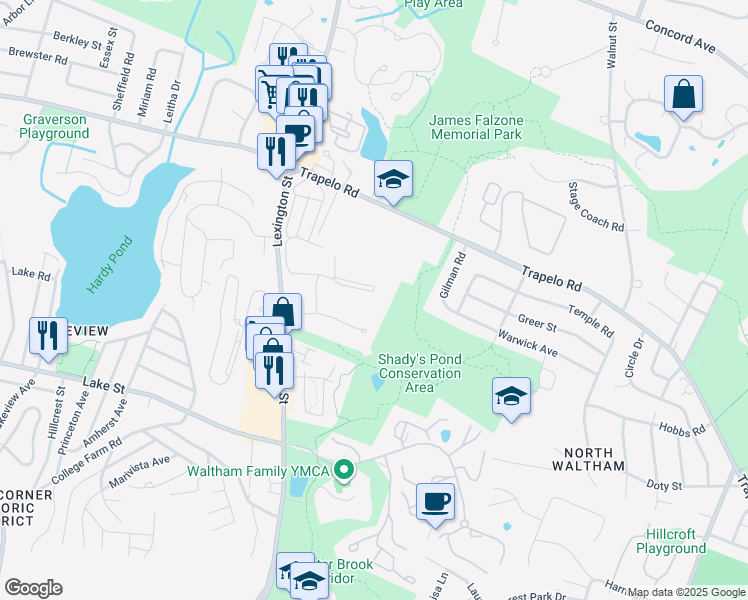 map of restaurants, bars, coffee shops, grocery stores, and more near 58 Jacqueline Road in Waltham