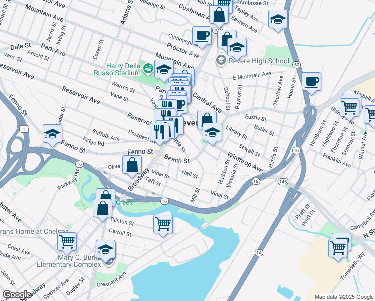 map of restaurants, bars, coffee shops, grocery stores, and more near 88 Beach Street in Revere