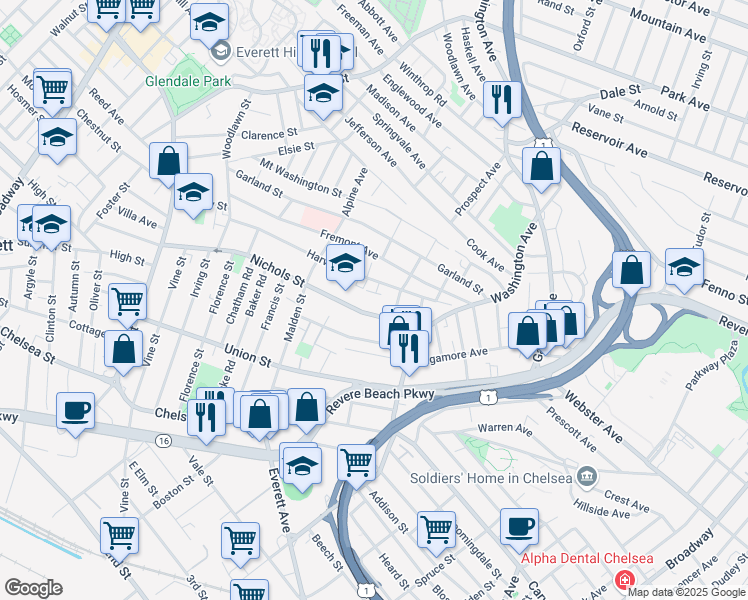 map of restaurants, bars, coffee shops, grocery stores, and more near 49 Nichols Street in Chelsea
