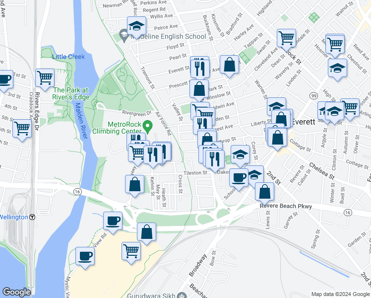 map of restaurants, bars, coffee shops, grocery stores, and more near 40 Parlin Street in Everett