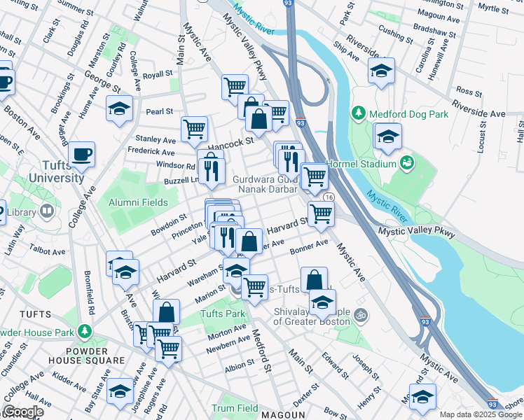 map of restaurants, bars, coffee shops, grocery stores, and more near 107 Willis Avenue in Medford