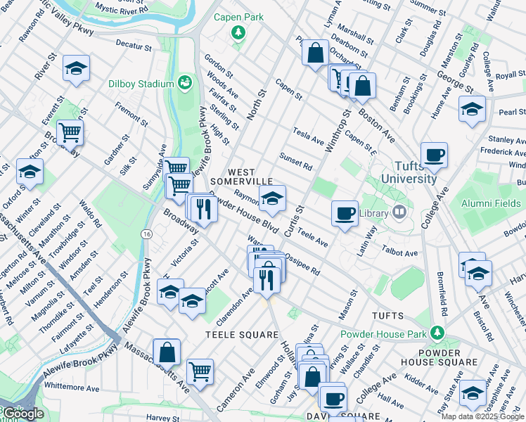 map of restaurants, bars, coffee shops, grocery stores, and more near 183 Powder House Boulevard in Somerville