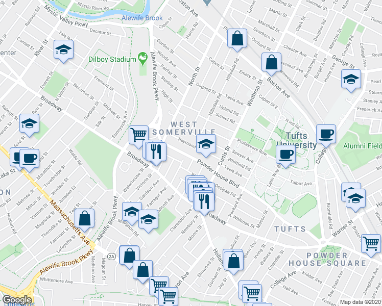 map of restaurants, bars, coffee shops, grocery stores, and more near 210 Powder House Boulevard in Somerville