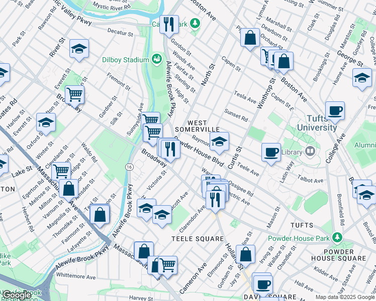 map of restaurants, bars, coffee shops, grocery stores, and more near 35 Barton Street in Somerville