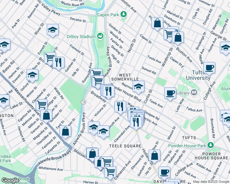 map of restaurants, bars, coffee shops, grocery stores, and more near 35 Barton Street in Somerville