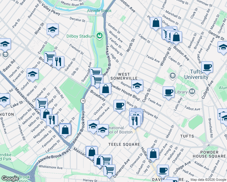 map of restaurants, bars, coffee shops, grocery stores, and more near 33 Barton Street in Somerville