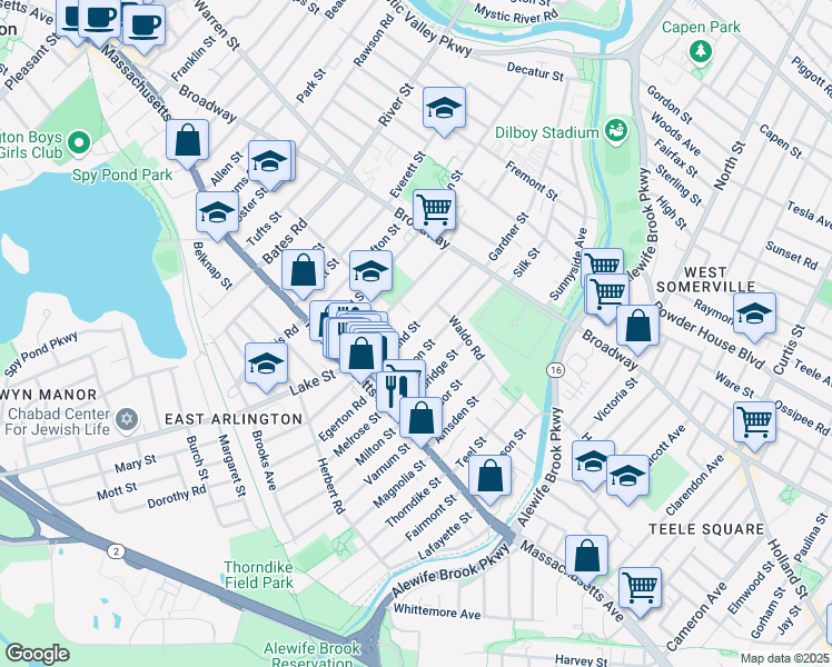 map of restaurants, bars, coffee shops, grocery stores, and more near 44 Marathon Street in Arlington