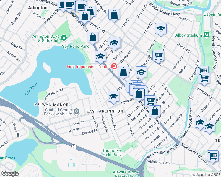map of restaurants, bars, coffee shops, grocery stores, and more near 55 Newcomb Street in Arlington