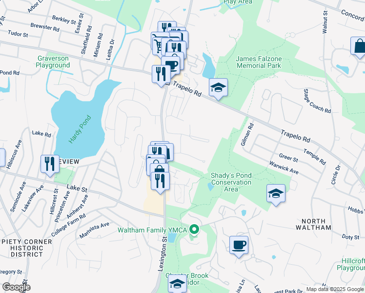 map of restaurants, bars, coffee shops, grocery stores, and more near 42 Lionel Avenue in Waltham