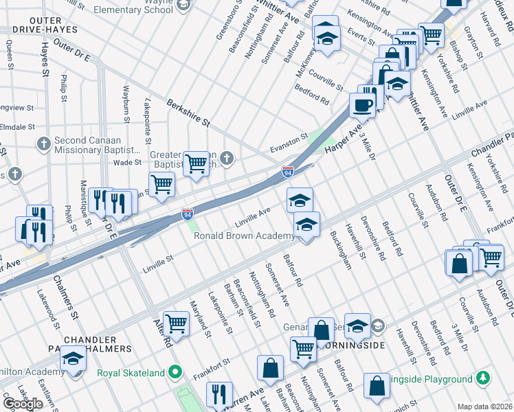map of restaurants, bars, coffee shops, grocery stores, and more near 5913 Balfour Road in Detroit