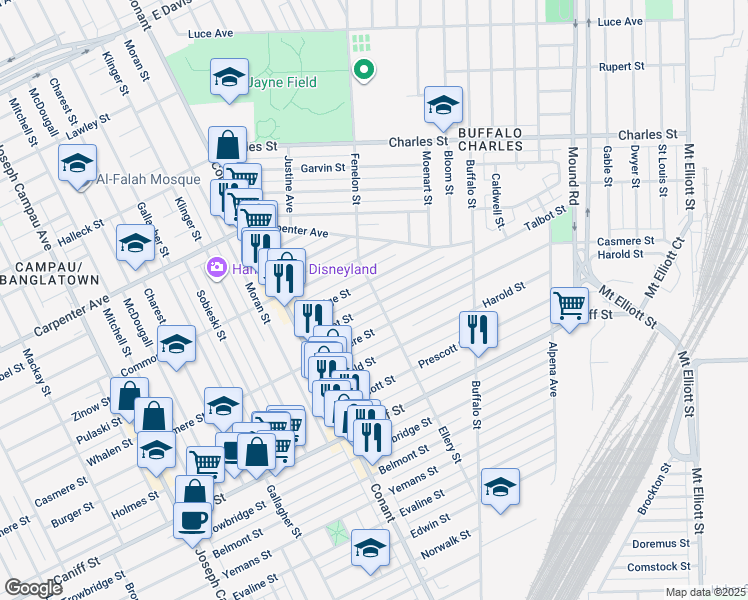 map of restaurants, bars, coffee shops, grocery stores, and more near 3953 Talbot Street in Hamtramck