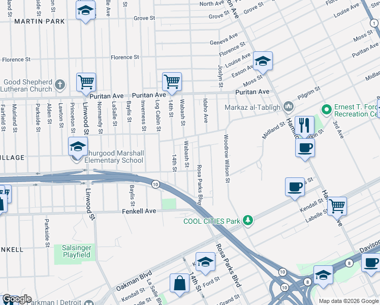 map of restaurants, bars, coffee shops, grocery stores, and more near 15557 Wabash Street in Detroit