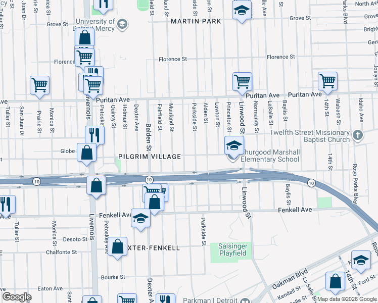 map of restaurants, bars, coffee shops, grocery stores, and more near 15518 Parkside Street in Detroit