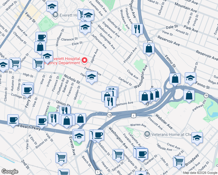 map of restaurants, bars, coffee shops, grocery stores, and more near 20 Eustis Street in Chelsea