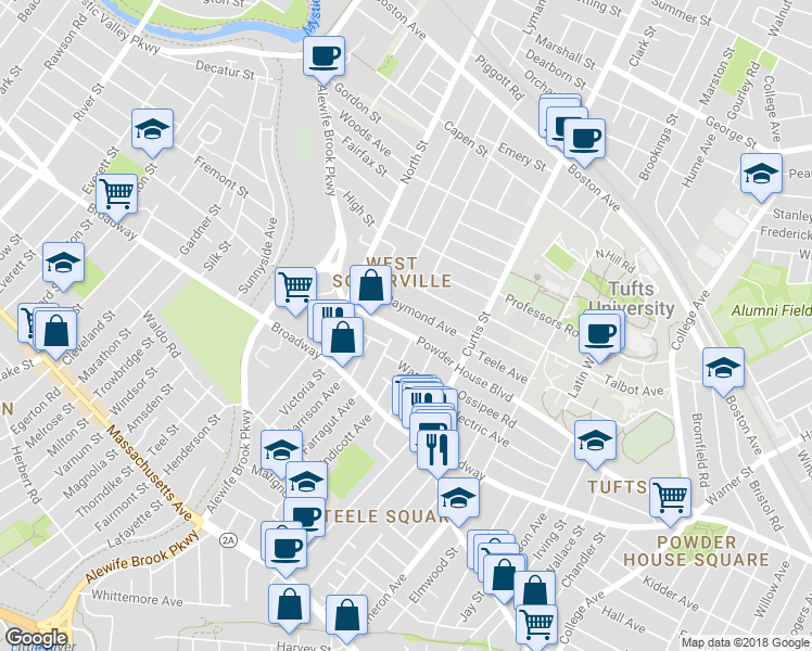 map of restaurants, bars, coffee shops, grocery stores, and more near 210 Powder House Boulevard in Somerville