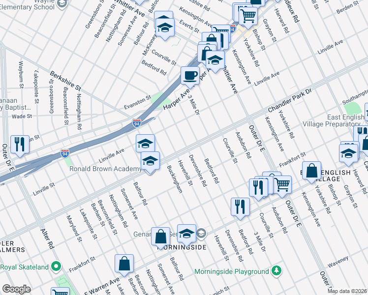map of restaurants, bars, coffee shops, grocery stores, and more near 5713 Devonshire Road in Detroit