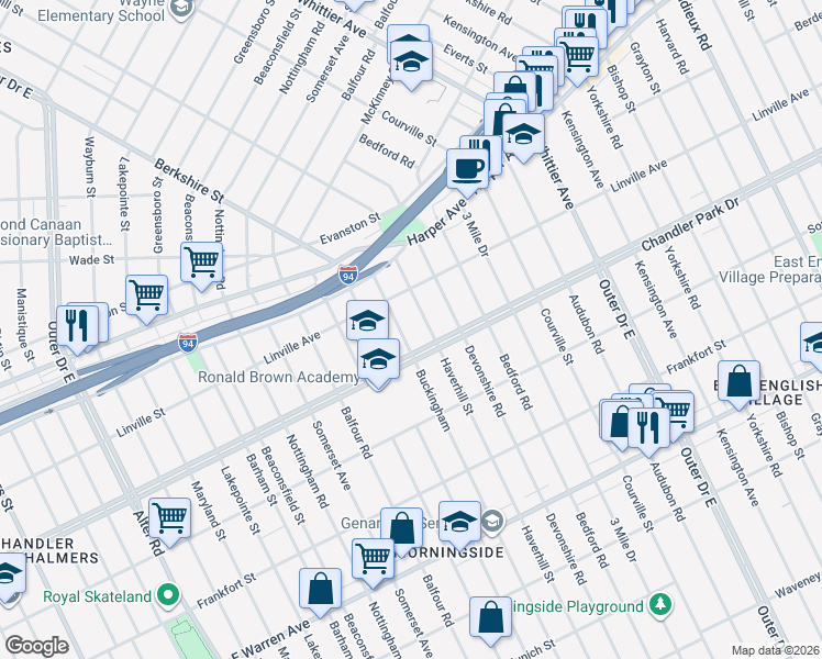 map of restaurants, bars, coffee shops, grocery stores, and more near 5734 Buckingham in Detroit