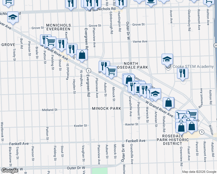 map of restaurants, bars, coffee shops, grocery stores, and more near 15822 Auburn Street in Detroit