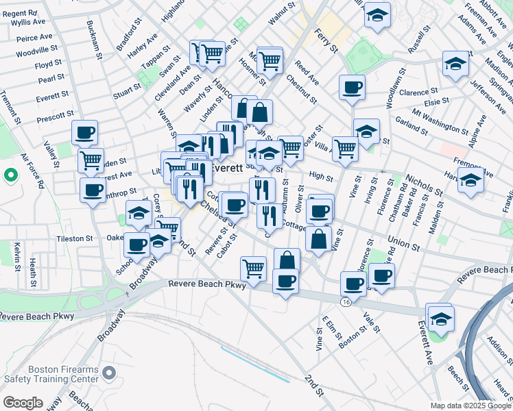 map of restaurants, bars, coffee shops, grocery stores, and more near 78 Cottage Street in Everett