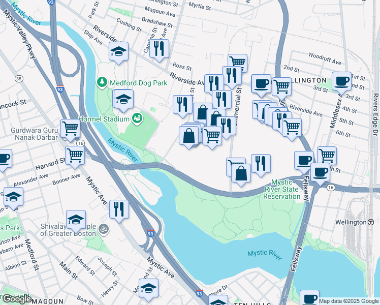 map of restaurants, bars, coffee shops, grocery stores, and more near 3850 Mystic Valley Parkway in Medford