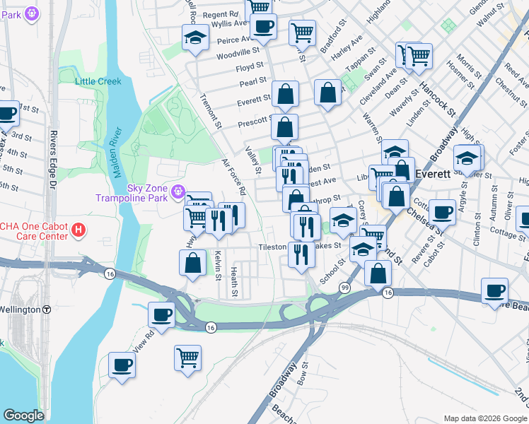 map of restaurants, bars, coffee shops, grocery stores, and more near 40 Parlin Street in Everett